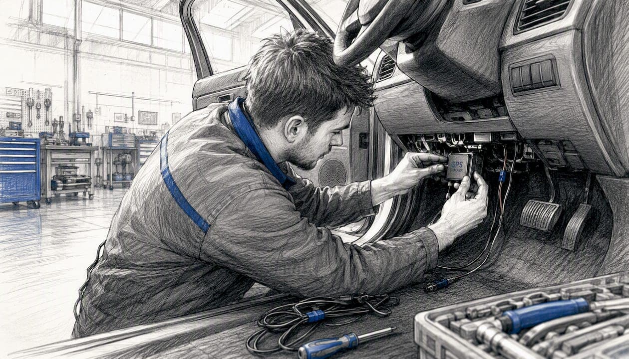Hands installing GPS device in vehicle interior