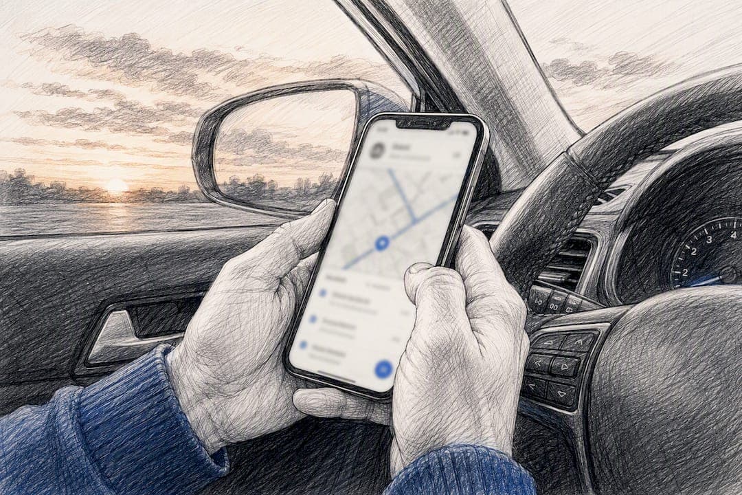 Hands holding smartphone for teen driving GPS tracking