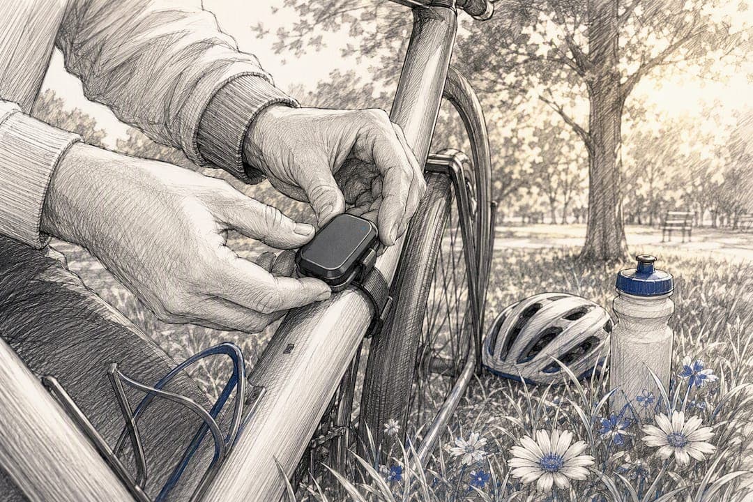 Hands attaching GPS tracker to bike frame