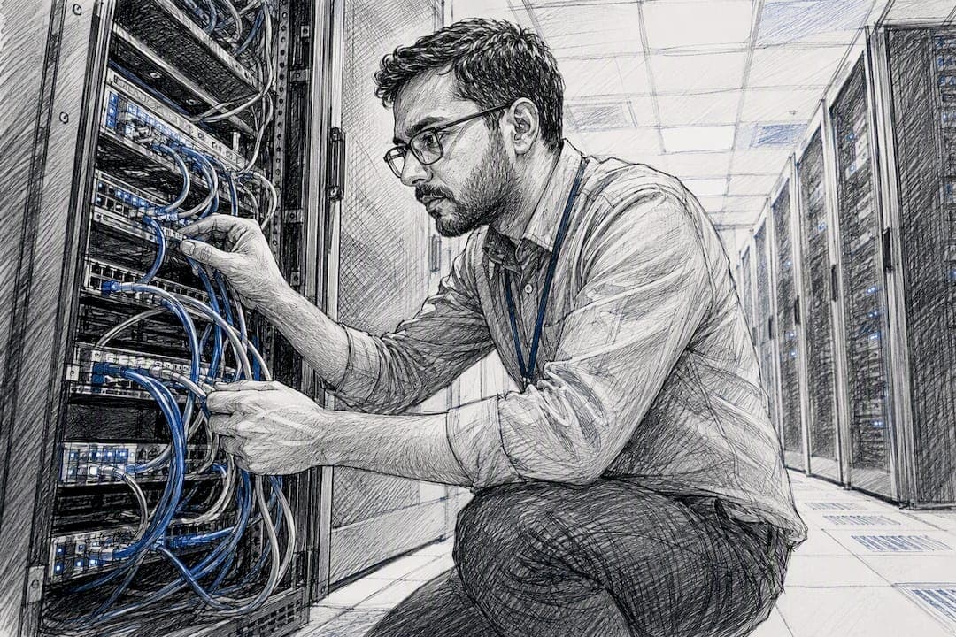 Engineer managing data center cables for API scaling