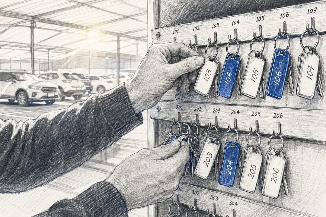 Hands sorting vehicle key tags in fleet garage