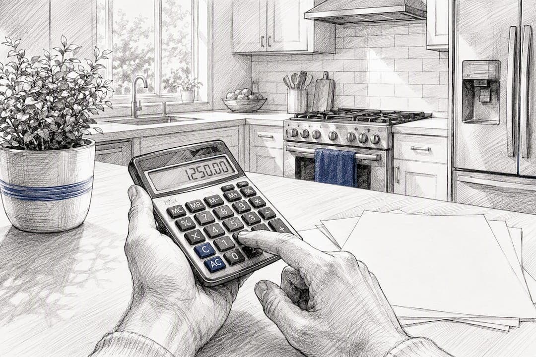 Hands calculating software total cost at desk