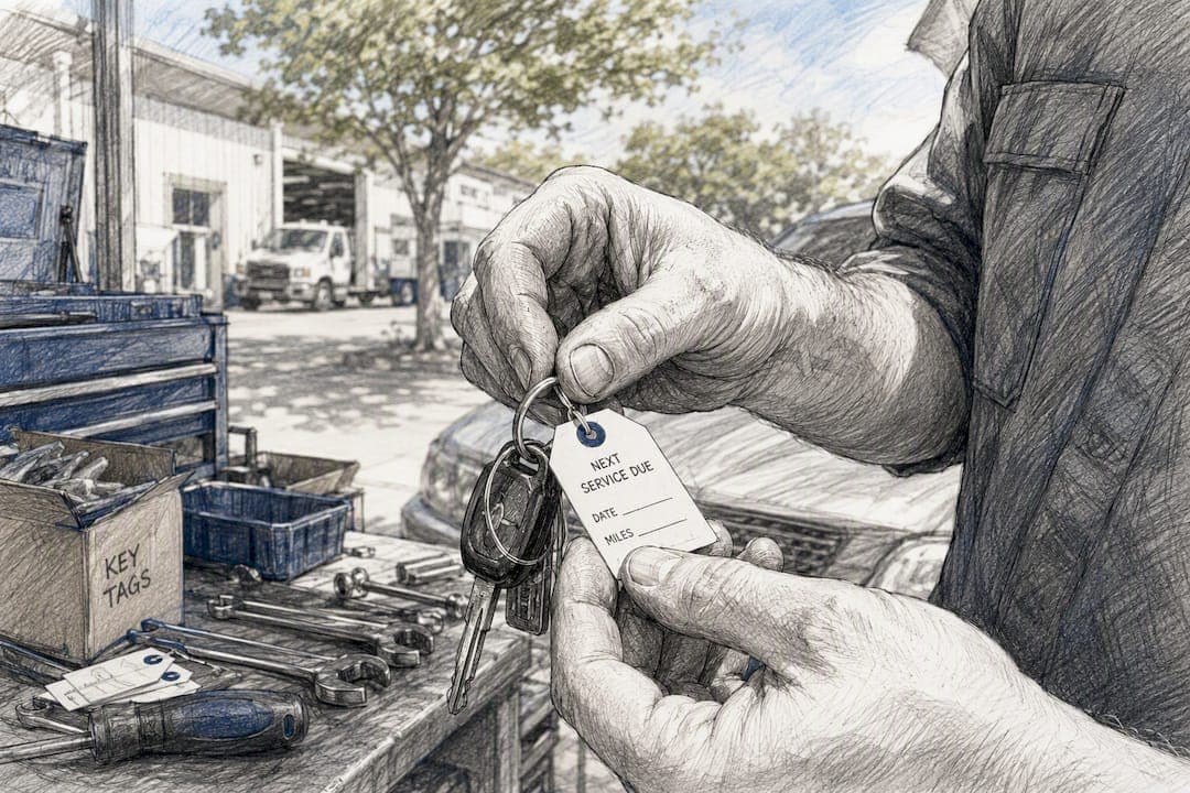 Fleet technician attaching maintenance alert tag