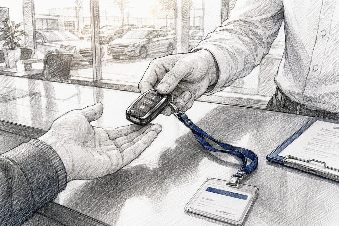 Hands passing rental vehicle key fob
