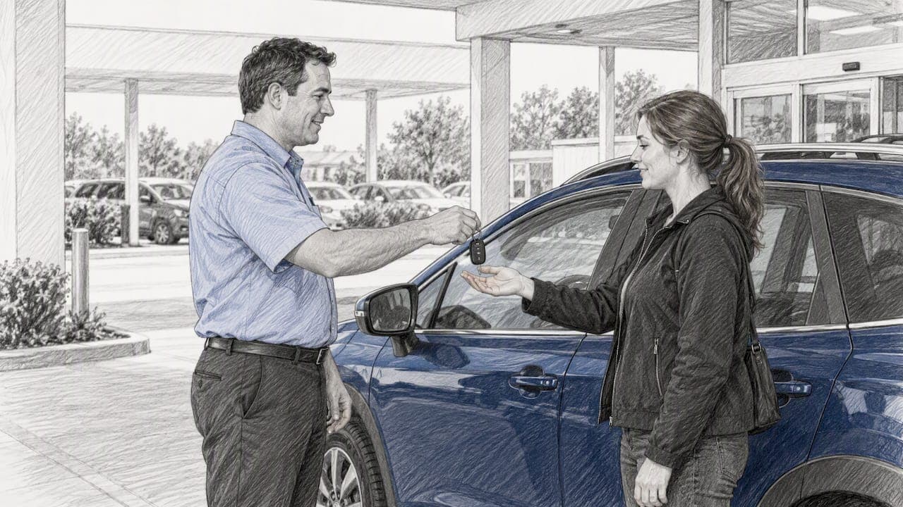Rental employee handing car keys to a customer