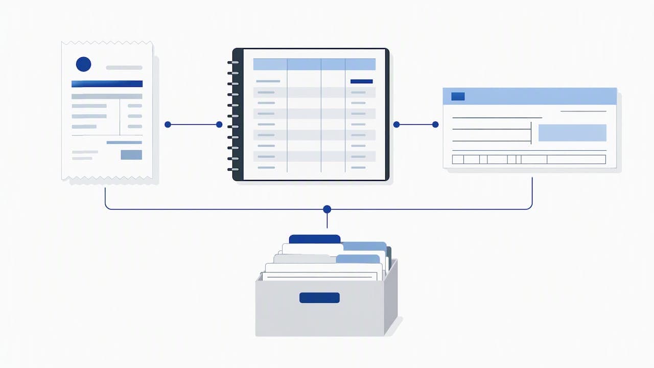 Receipt, ledger, and bank records linked together
