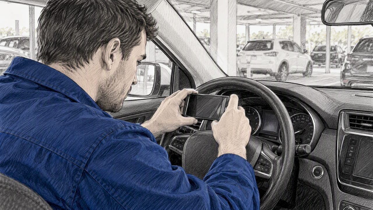 Rental operator photographing a car odometer