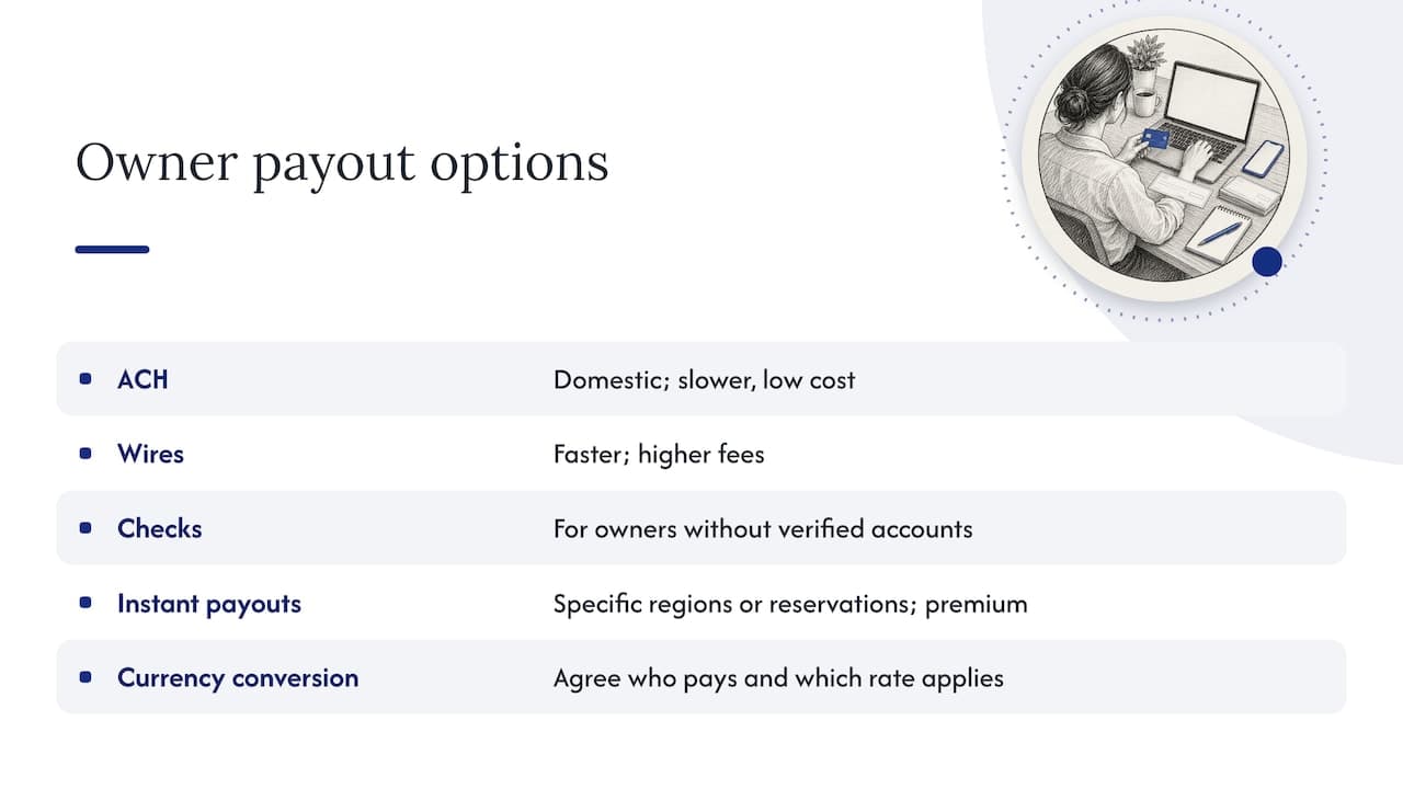 Currency and payment method options for owner payouts — overview diagram