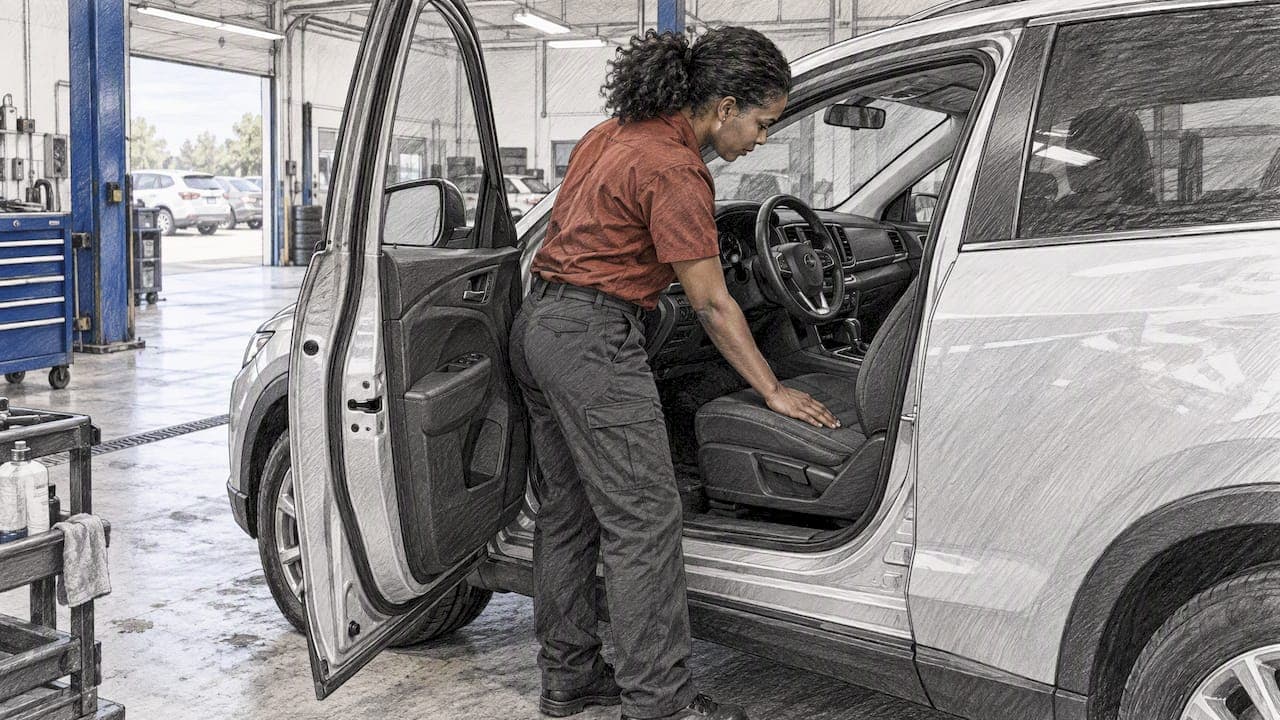 Technician inspecting a clean rental car