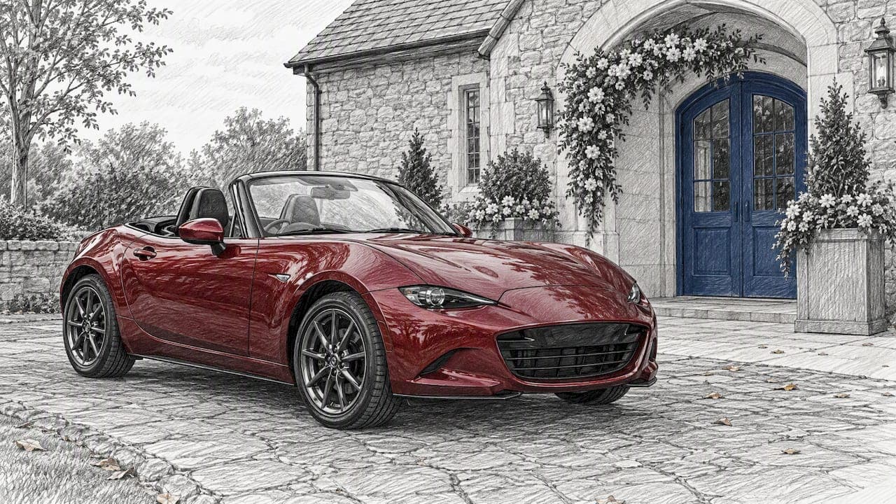 Convertible parked outside a wedding venue